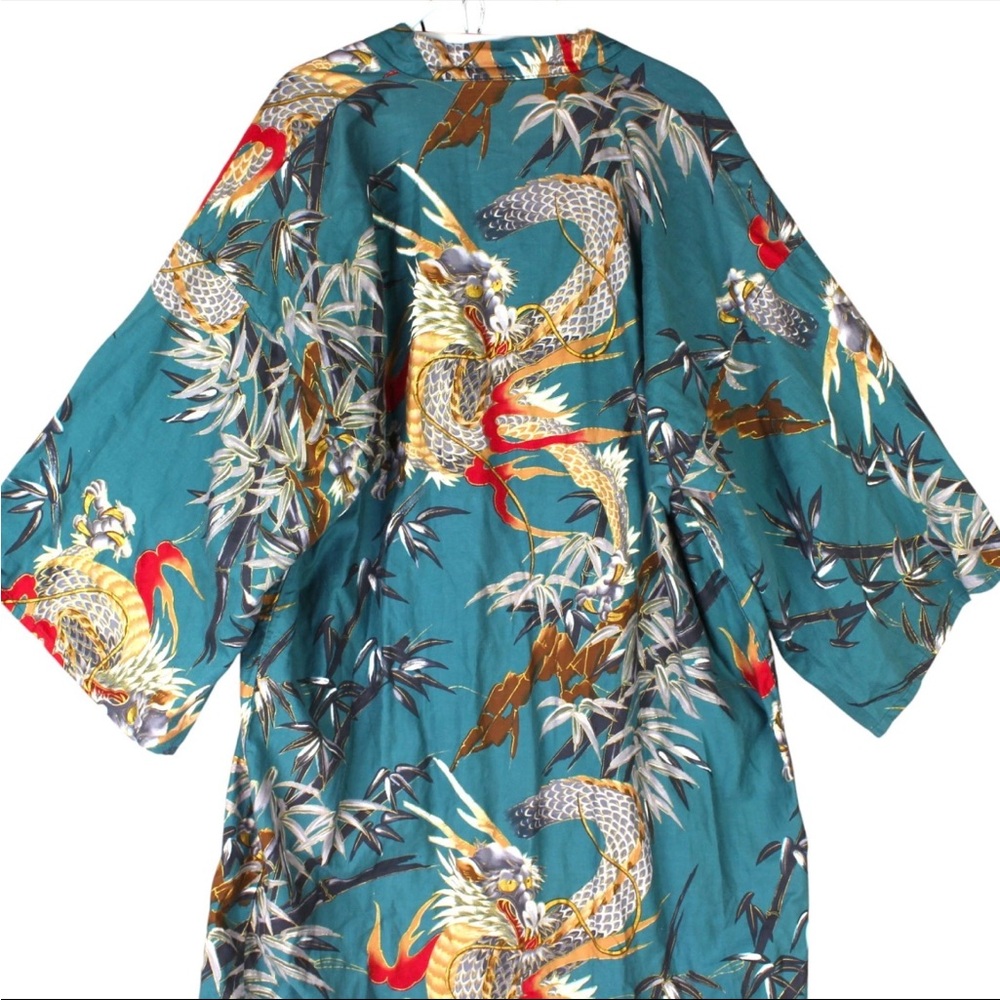 Vintage Japanese Kimono Dragon Tiger Paint 100% Cotton Teal Belted One Size - Picture 3 of 12